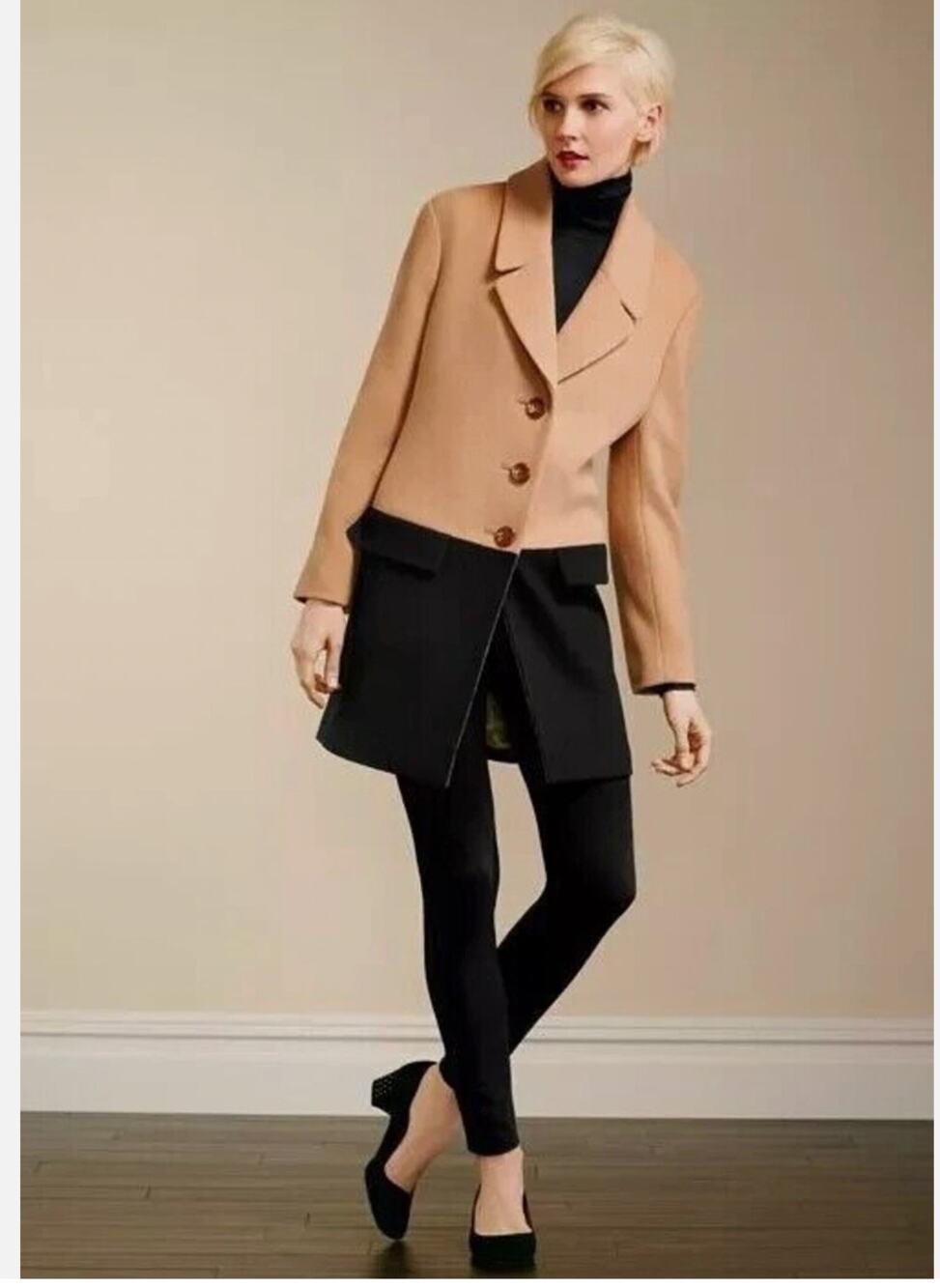 Talbots Camel Tan and Black Colorblock Wool Blend Peacoat Jacket size 16P